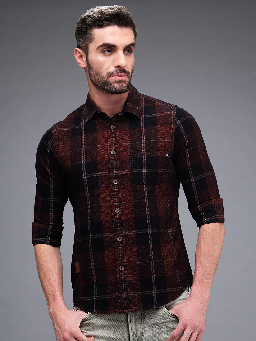 Full Sleeves Slim Fit Brown Honeycomb Corduroy Checks Shirt - Image 3