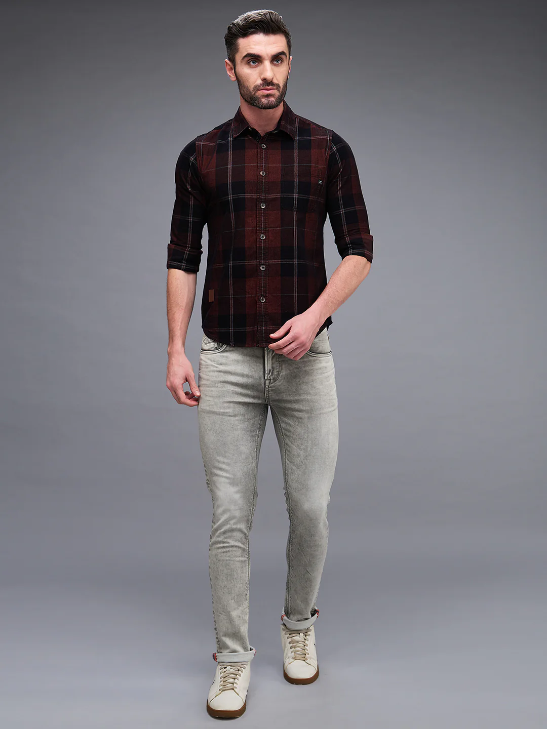 Full Sleeves Slim Fit Brown Honeycomb Corduroy Checks Shirt - Image 4