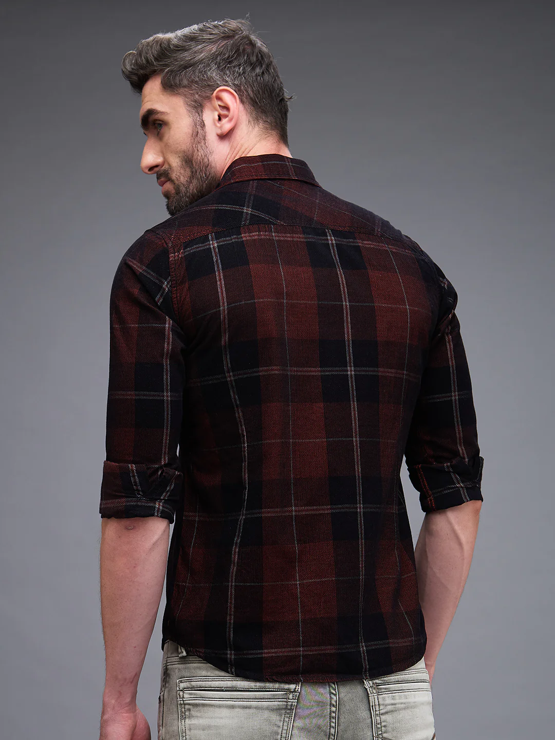 Full Sleeves Slim Fit Brown Honeycomb Corduroy Checks Shirt - Image 5