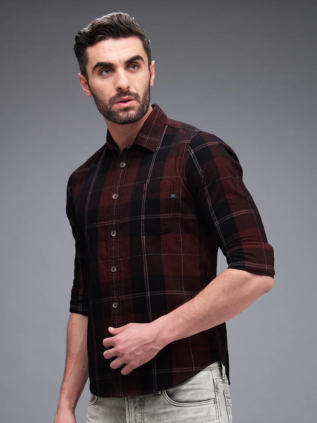 Full Sleeves Slim Fit Brown Honeycomb Corduroy Checks Shirt - Image 6