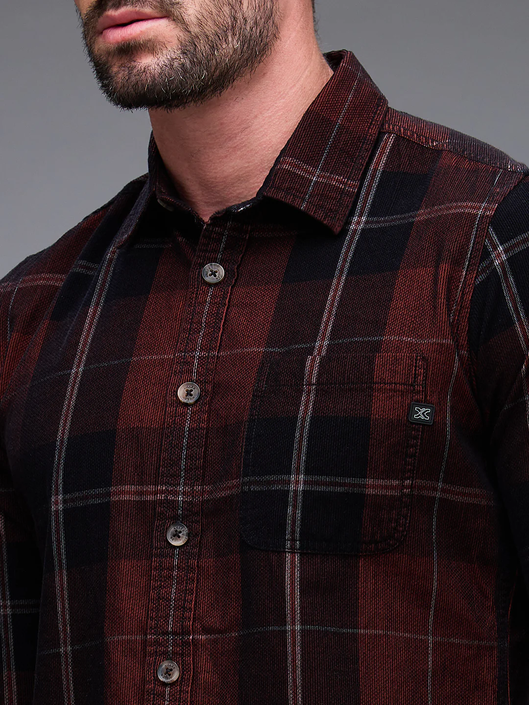 Full Sleeves Slim Fit Brown Honeycomb Corduroy Checks Shirt - Image 7