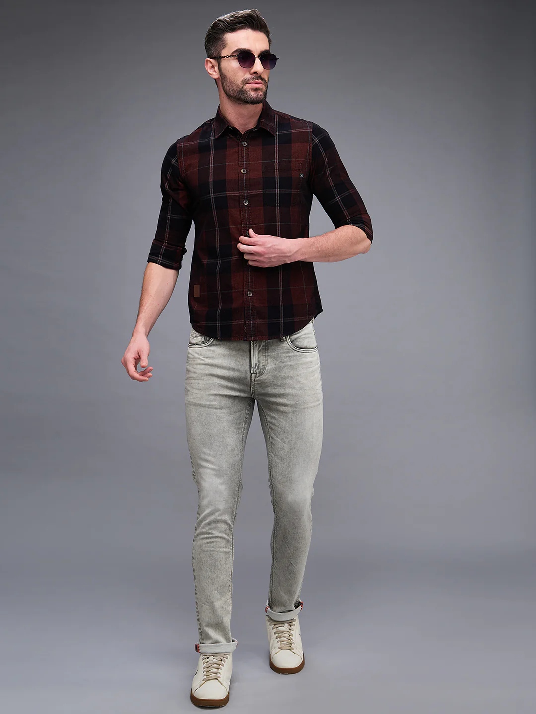 Full Sleeves Slim Fit Brown Honeycomb Corduroy Checks Shirt - Image 8