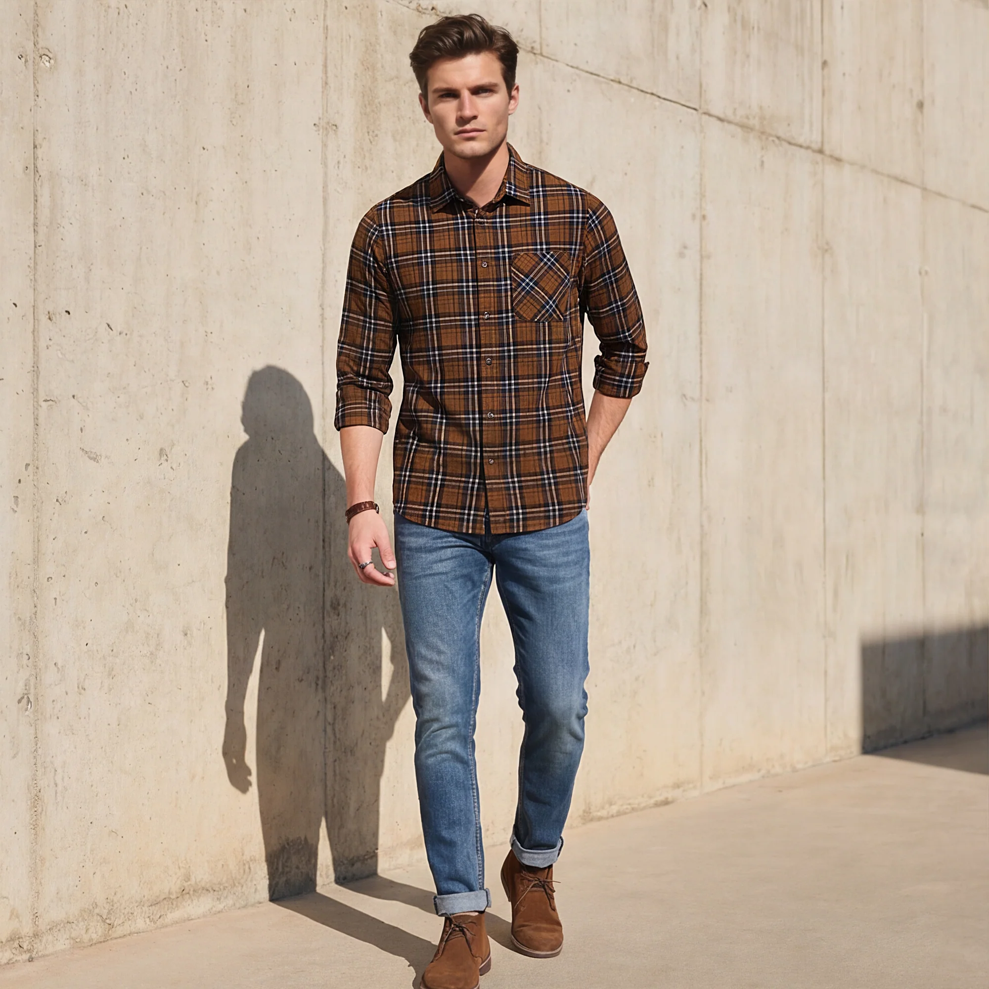 Full Sleeves Slim Fit Brown Dobby Structure Checks Shirt