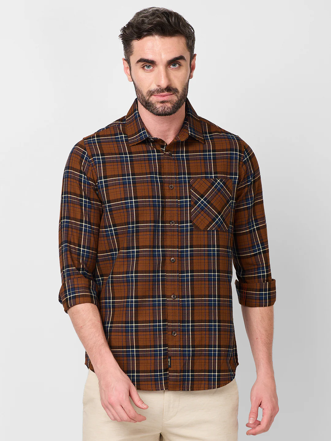 Full Sleeves Slim Fit Brown Dobby Structure Checks Shirt - Image 3