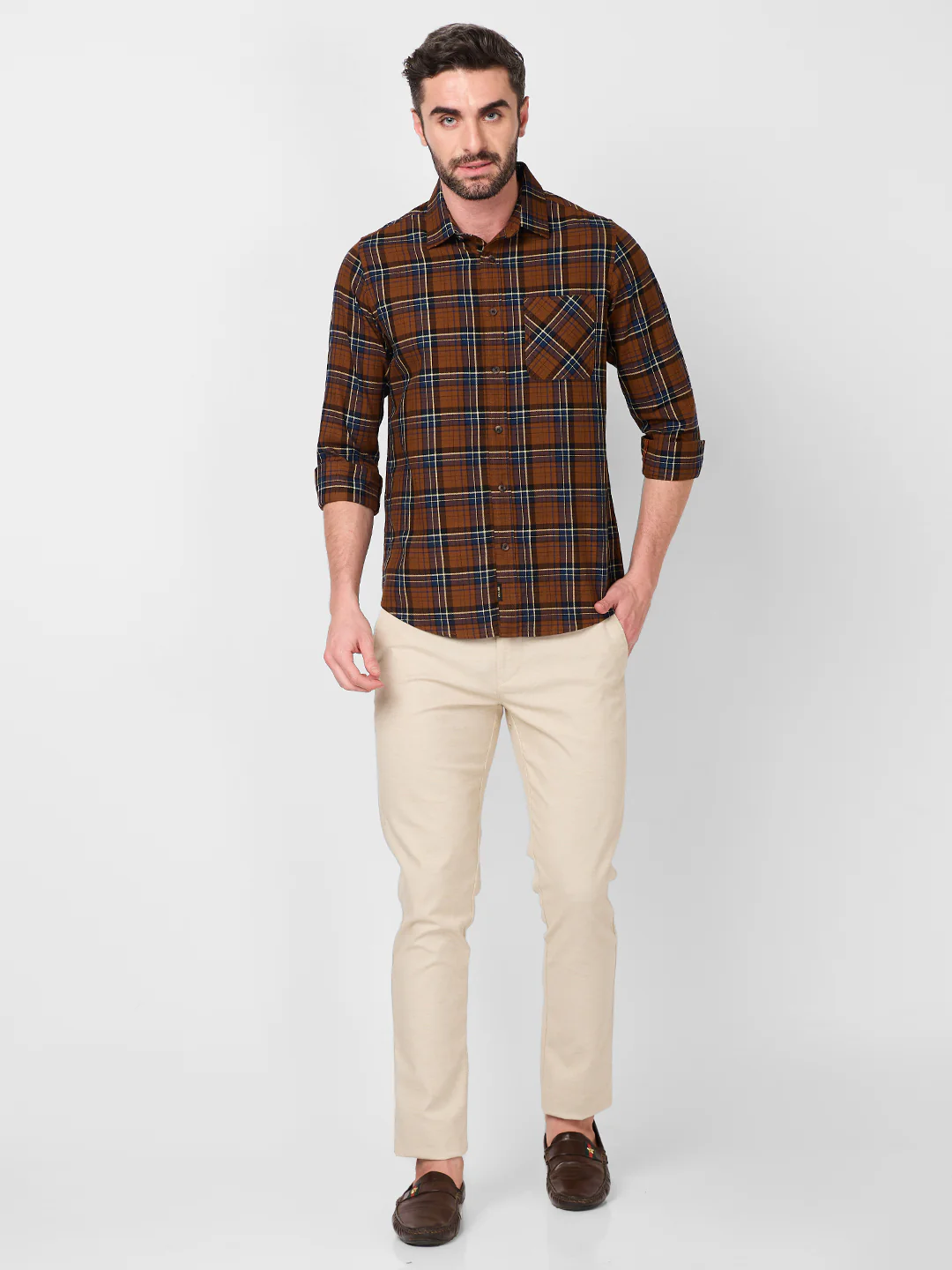 Full Sleeves Slim Fit Brown Dobby Structure Checks Shirt - Image 4