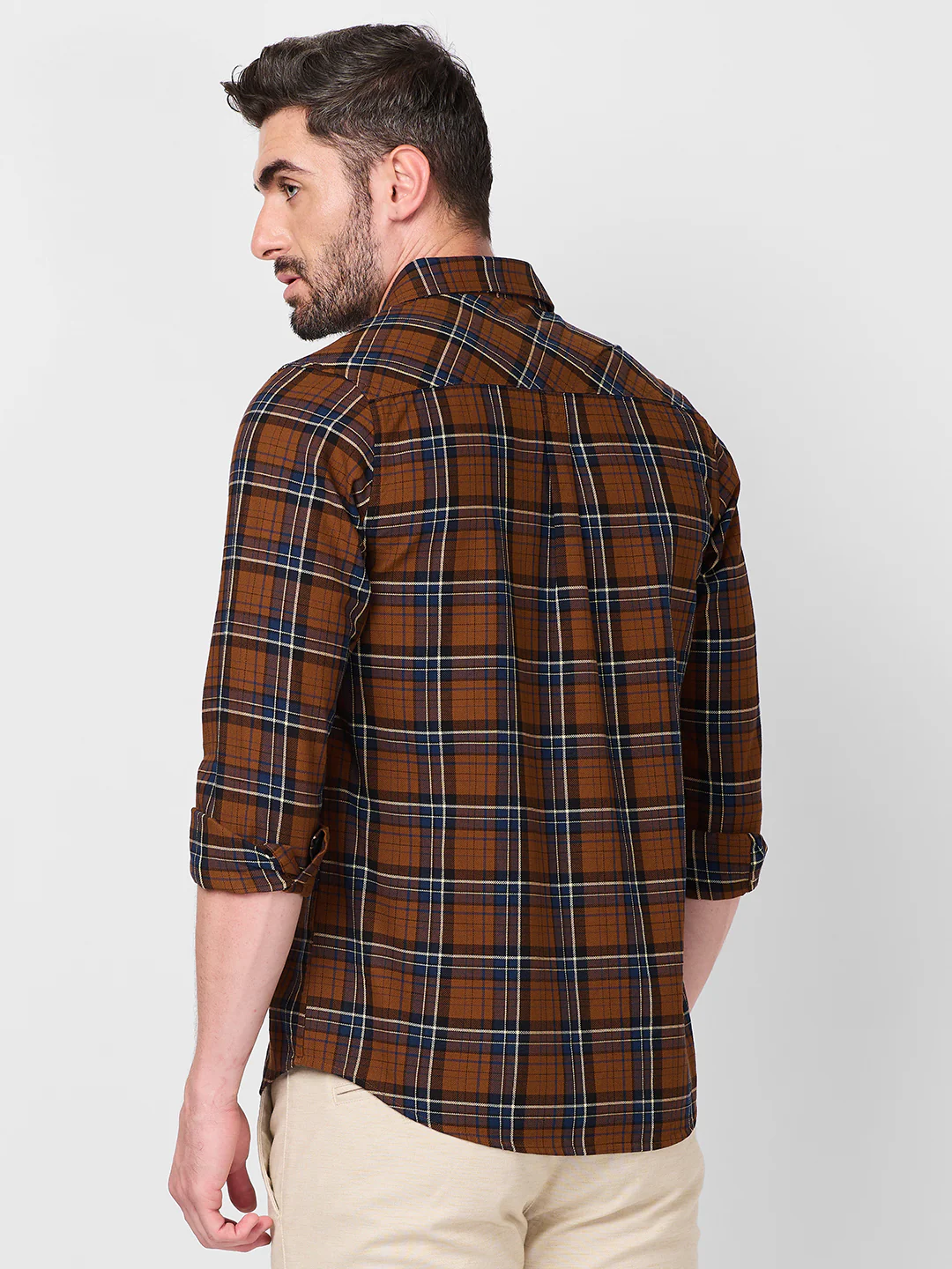 Full Sleeves Slim Fit Brown Dobby Structure Checks Shirt - Image 5