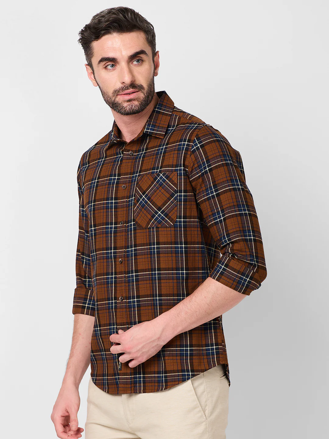 Full Sleeves Slim Fit Brown Dobby Structure Checks Shirt - Image 6