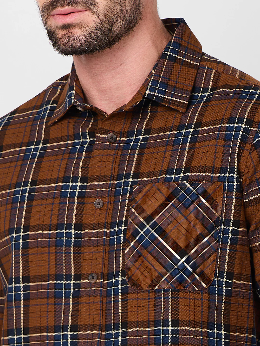 Full Sleeves Slim Fit Brown Dobby Structure Checks Shirt - Image 7