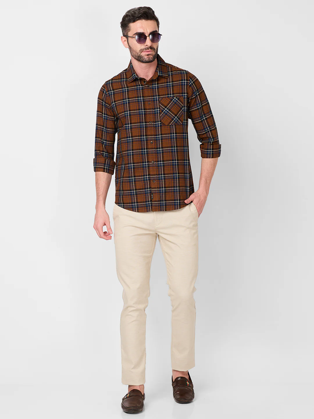 Full Sleeves Slim Fit Brown Dobby Structure Checks Shirt - Image 8
