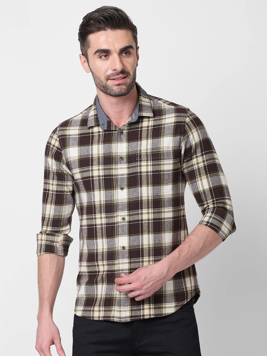 Full sleeves Slim Fit Brown Brushed Checks Shirt - Image 3