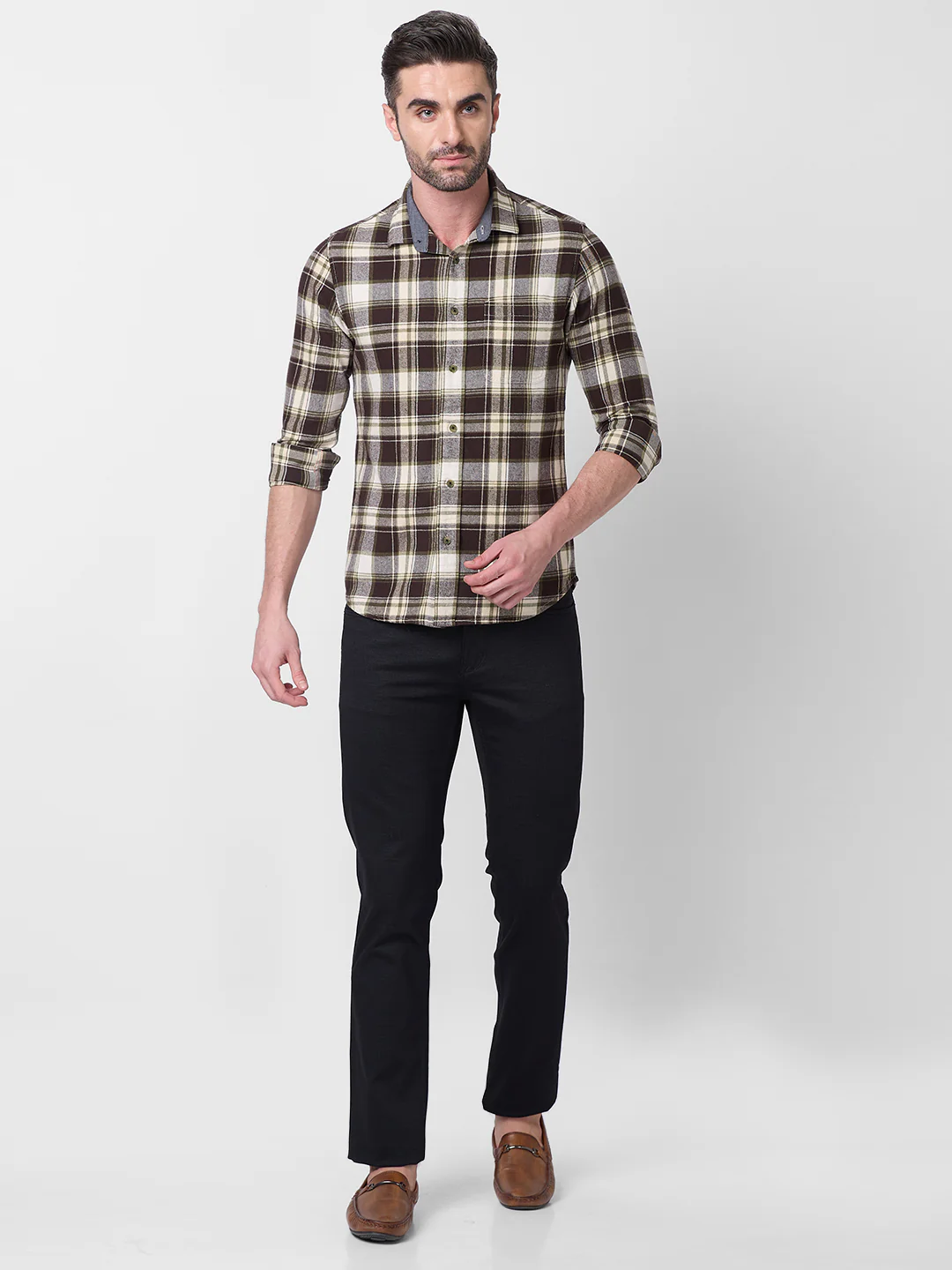 Full sleeves Slim Fit Brown Brushed Checks Shirt - Image 4