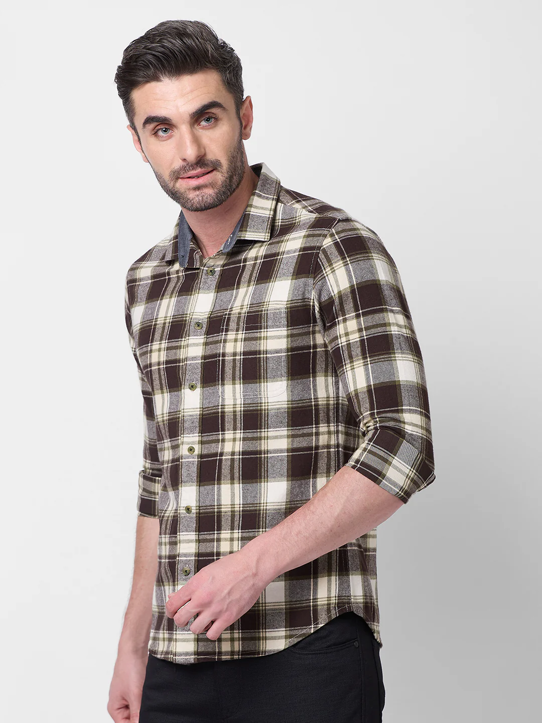 Full sleeves Slim Fit Brown Brushed Checks Shirt - Image 6