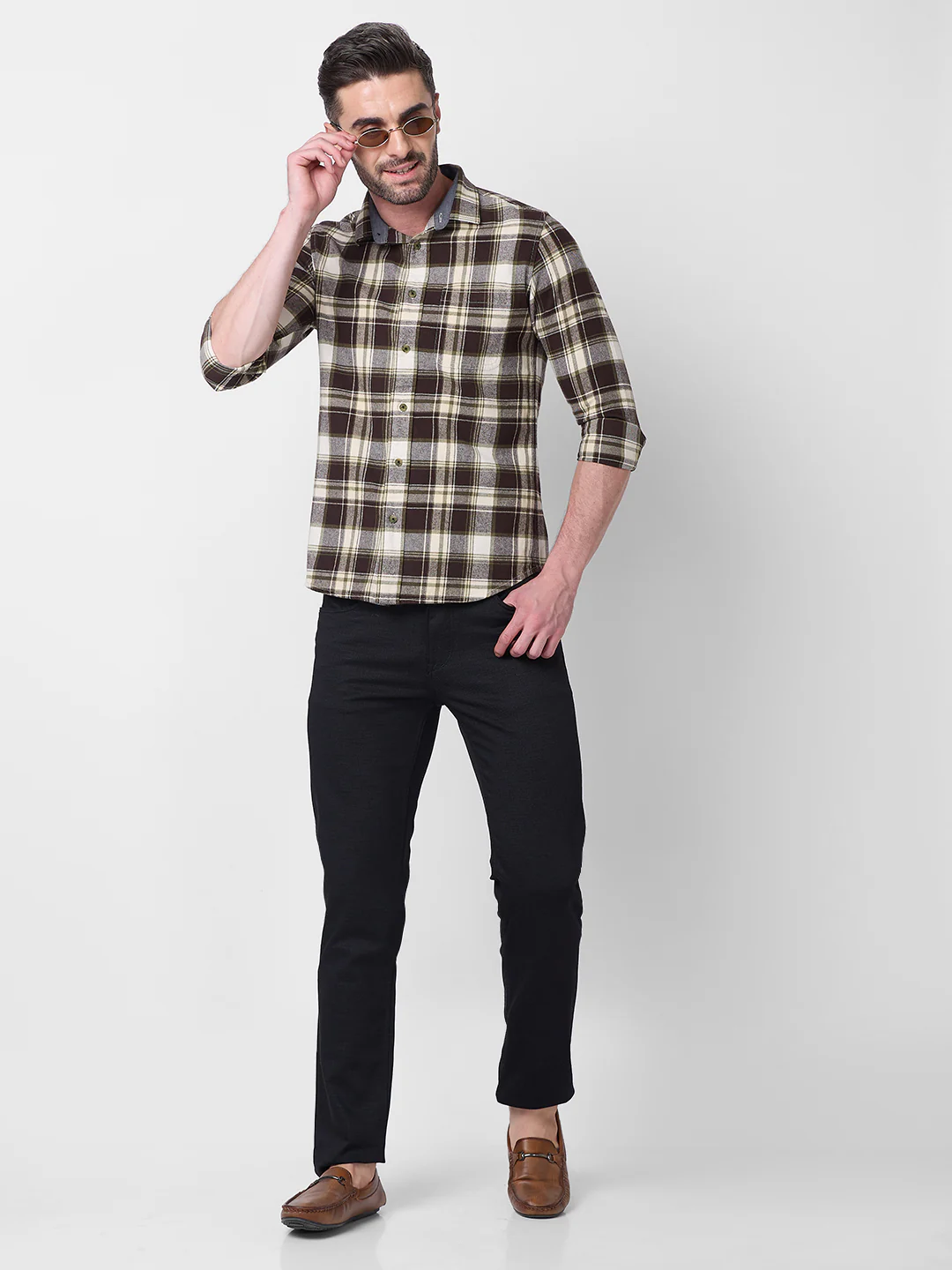 Full sleeves Slim Fit Brown Brushed Checks Shirt - Image 8