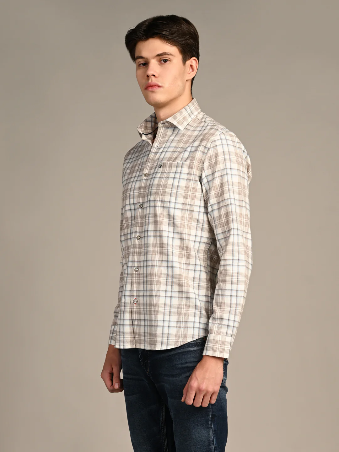 Full Sleeves Slim Fit Brown Dobby Structure Checks Shirt - Image 6