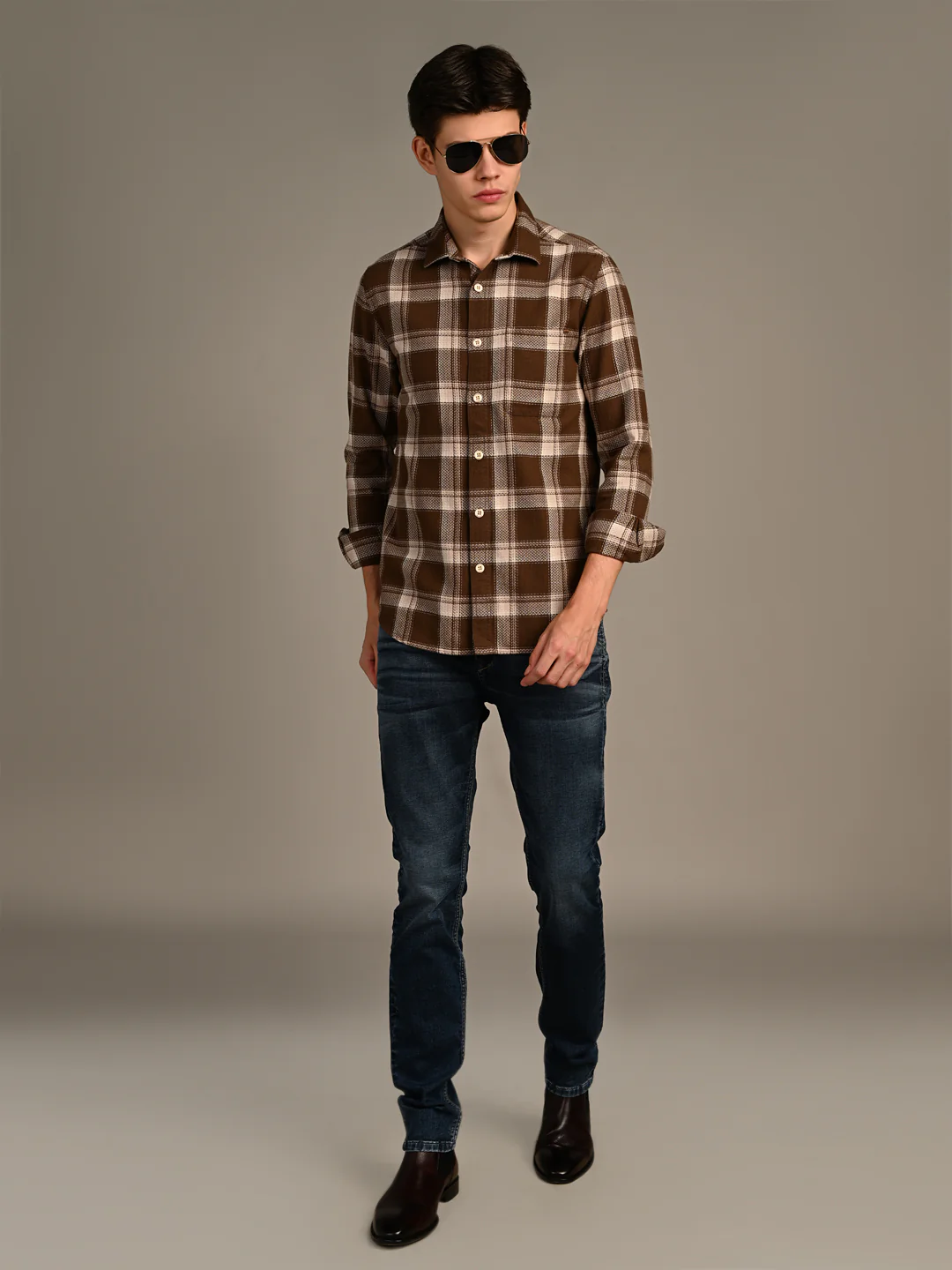 Full Sleeves Straight Fit Brown Heavy Textured Checks Shirt - Image 3