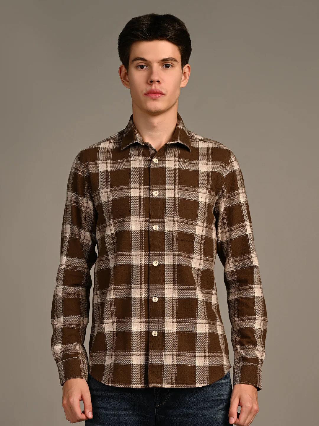 Full Sleeves Straight Fit Brown Heavy Textured Checks Shirt - Image 4