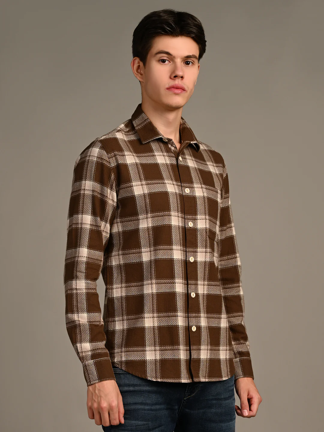 Full Sleeves Straight Fit Brown Heavy Textured Checks Shirt - Image 5