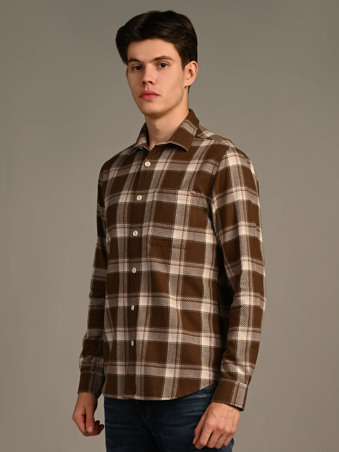 Full Sleeves Straight Fit Brown Heavy Textured Checks Shirt - Image 6