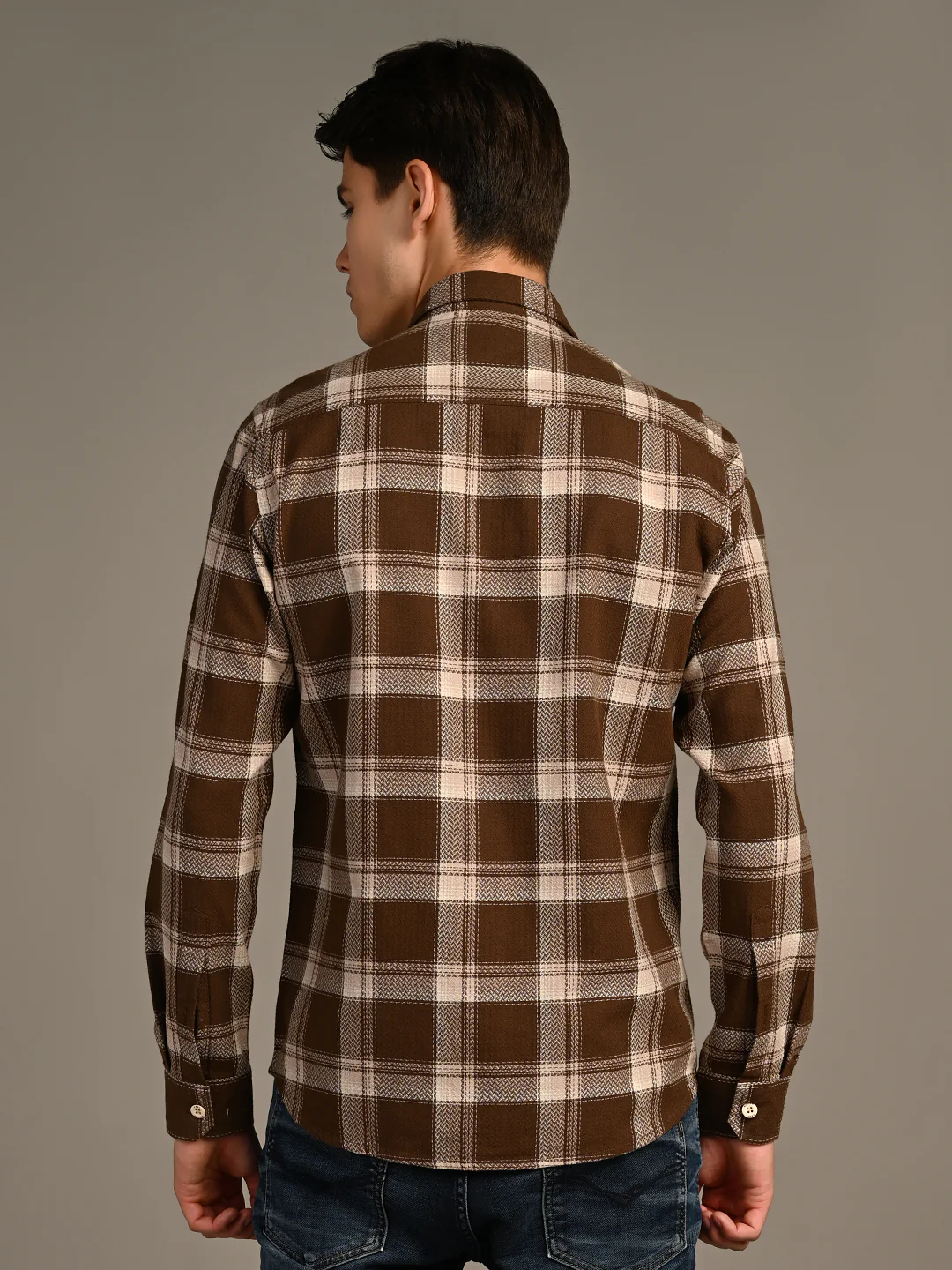 Full Sleeves Straight Fit Brown Heavy Textured Checks Shirt - Image 7