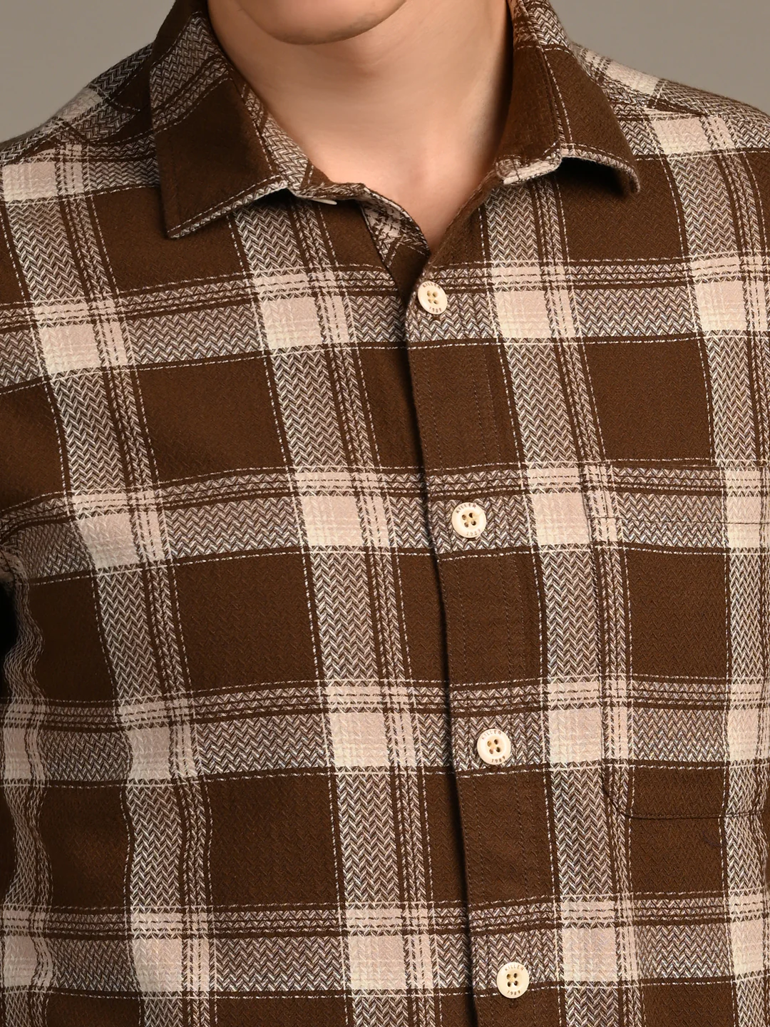 Full Sleeves Straight Fit Brown Heavy Textured Checks Shirt - Image 8