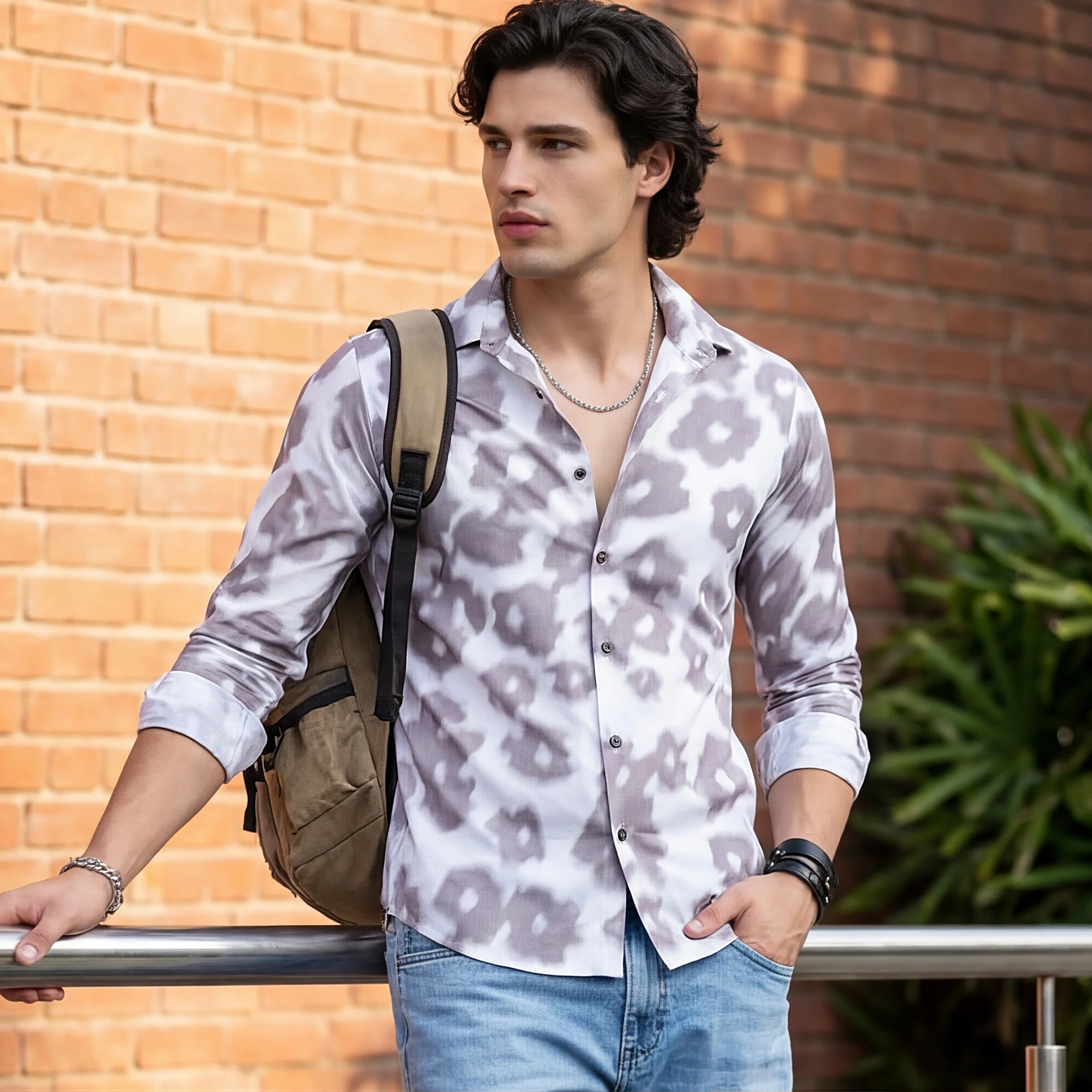 Full Sleeves Slim Fit Light Brown Motion Blur Floral Motif Print Shirt - Image 2