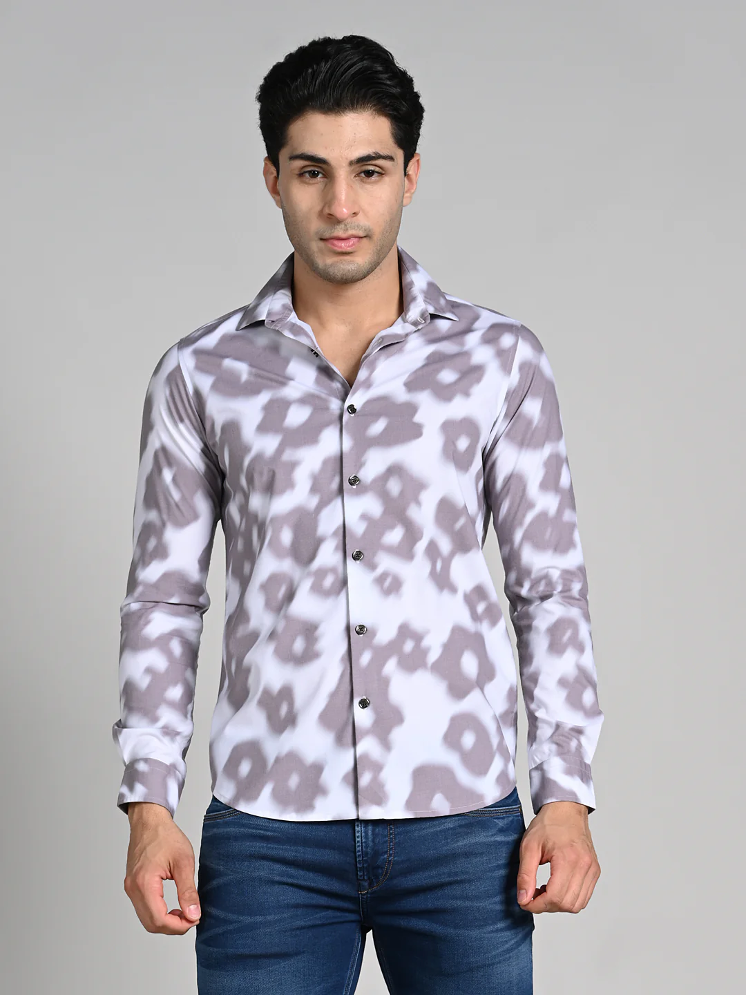 Full Sleeves Slim Fit Light Brown Motion Blur Floral Motif Print Shirt - Image 4