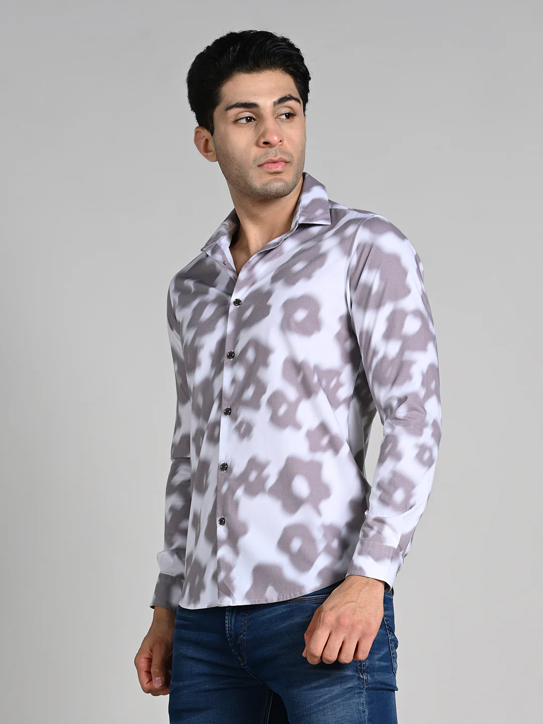 Full Sleeves Slim Fit Light Brown Motion Blur Floral Motif Print Shirt - Image 5