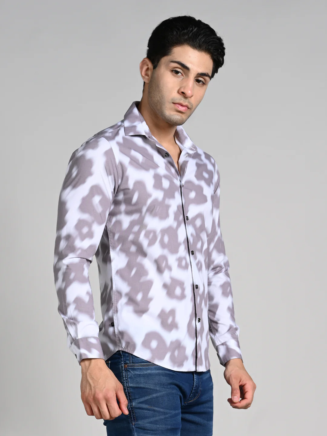 Full Sleeves Slim Fit Light Brown Motion Blur Floral Motif Print Shirt - Image 6