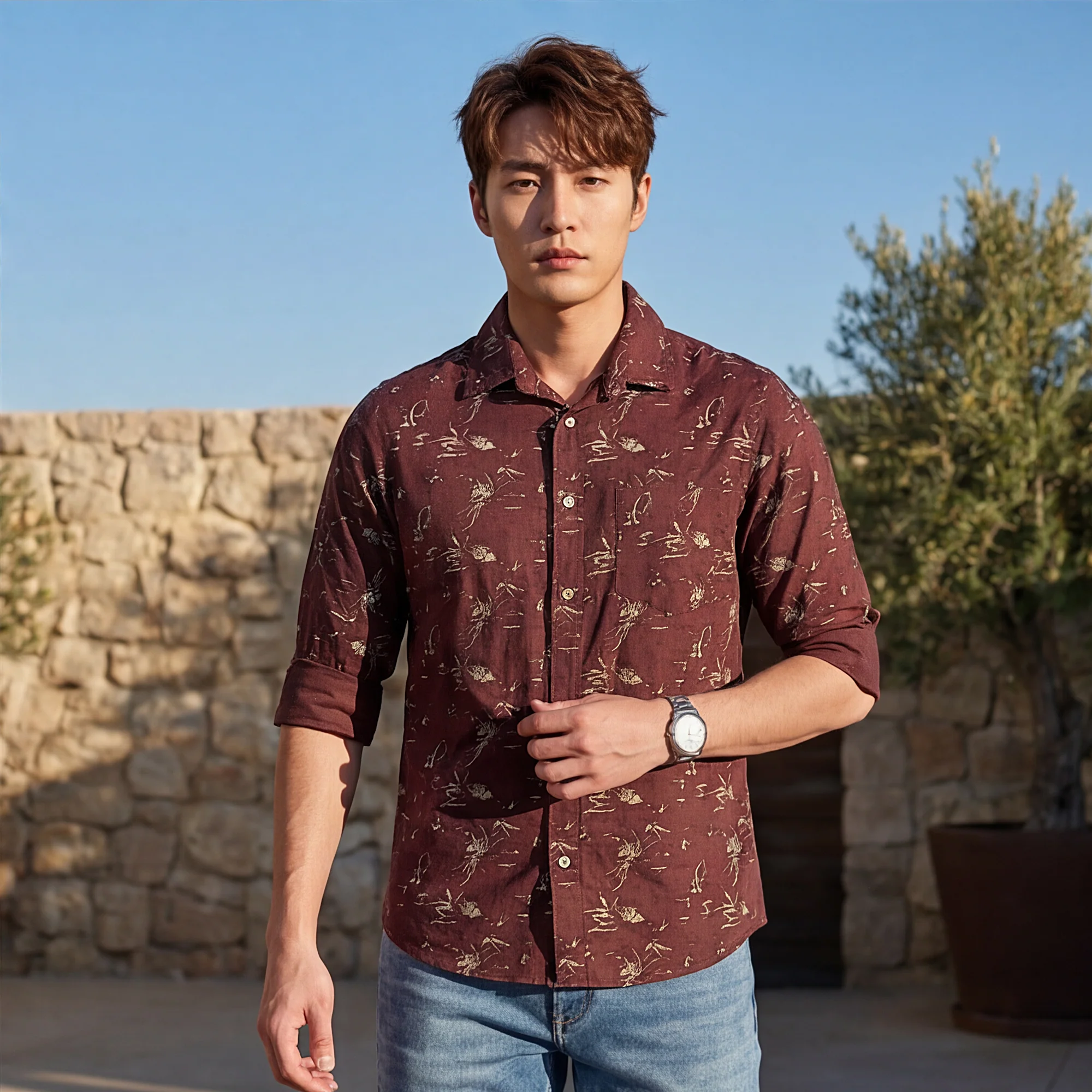 Full Sleeves Slim Fit Brown Abstract Floral Print Shirt - Image 2