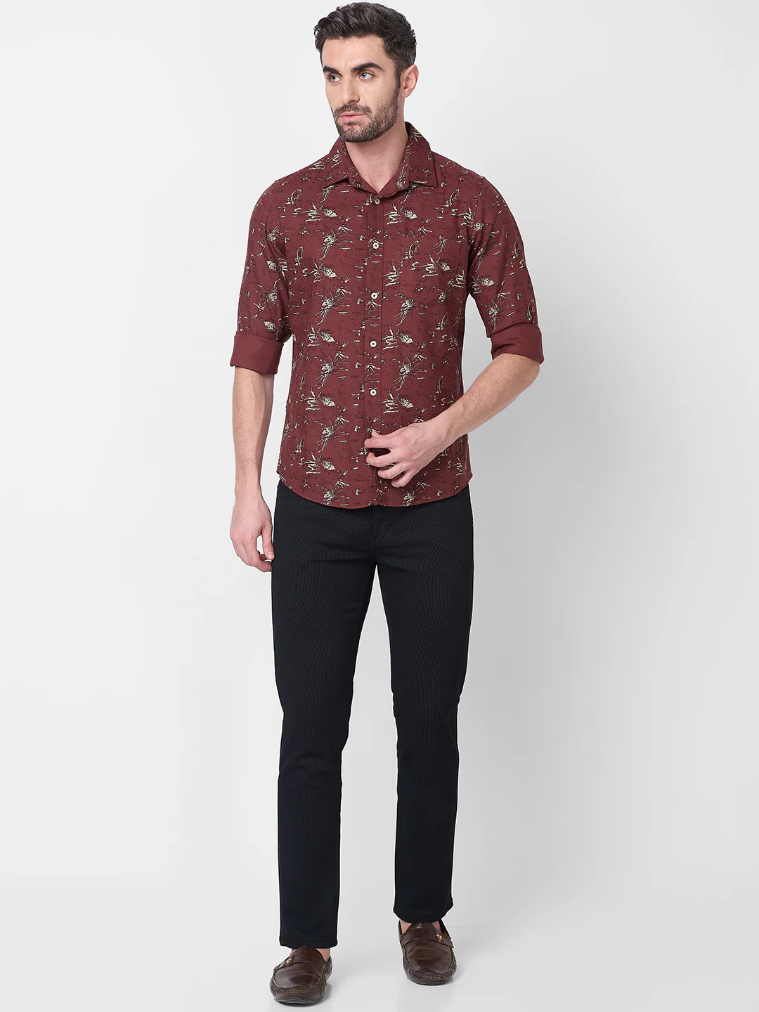 Full Sleeves Slim Fit Brown Abstract Floral Print Shirt - Image 4