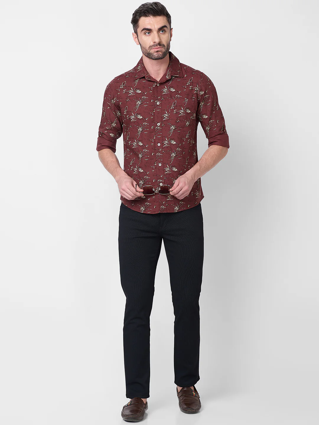 Full Sleeves Slim Fit Brown Abstract Floral Print Shirt - Image 8