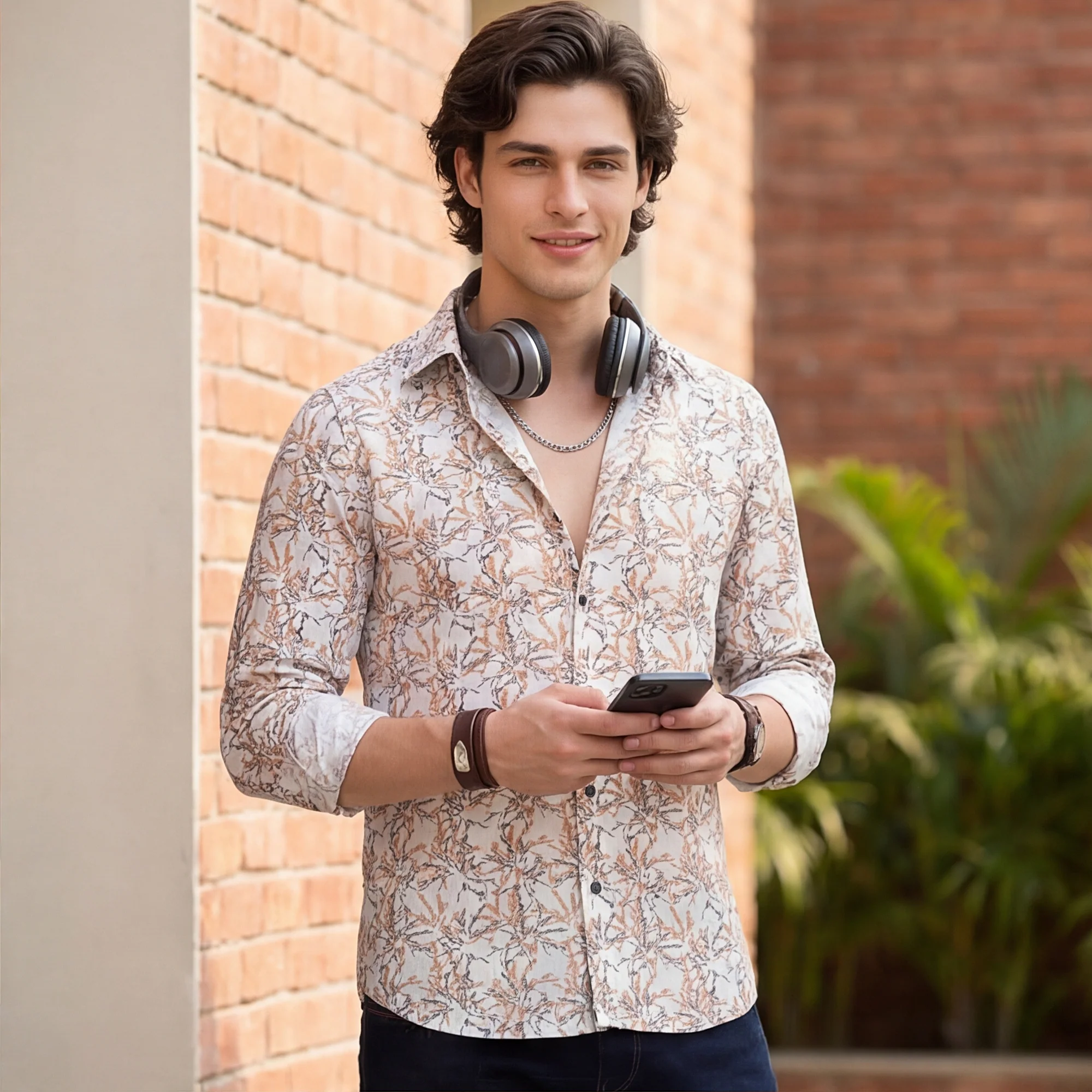 Full Sleeves Slim Fit Brown All-Over Branch Pattern Dobby Structure Print Shirt - Image 2