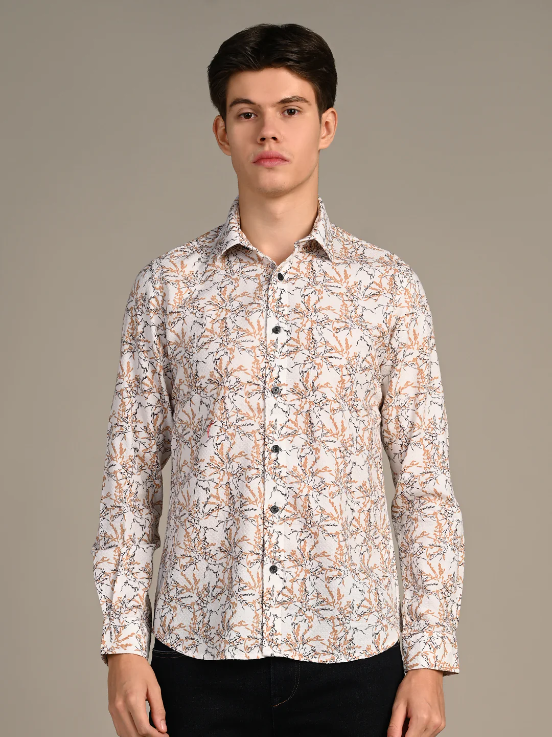 Full Sleeves Slim Fit Brown All-Over Branch Pattern Dobby Structure Print Shirt - Image 4
