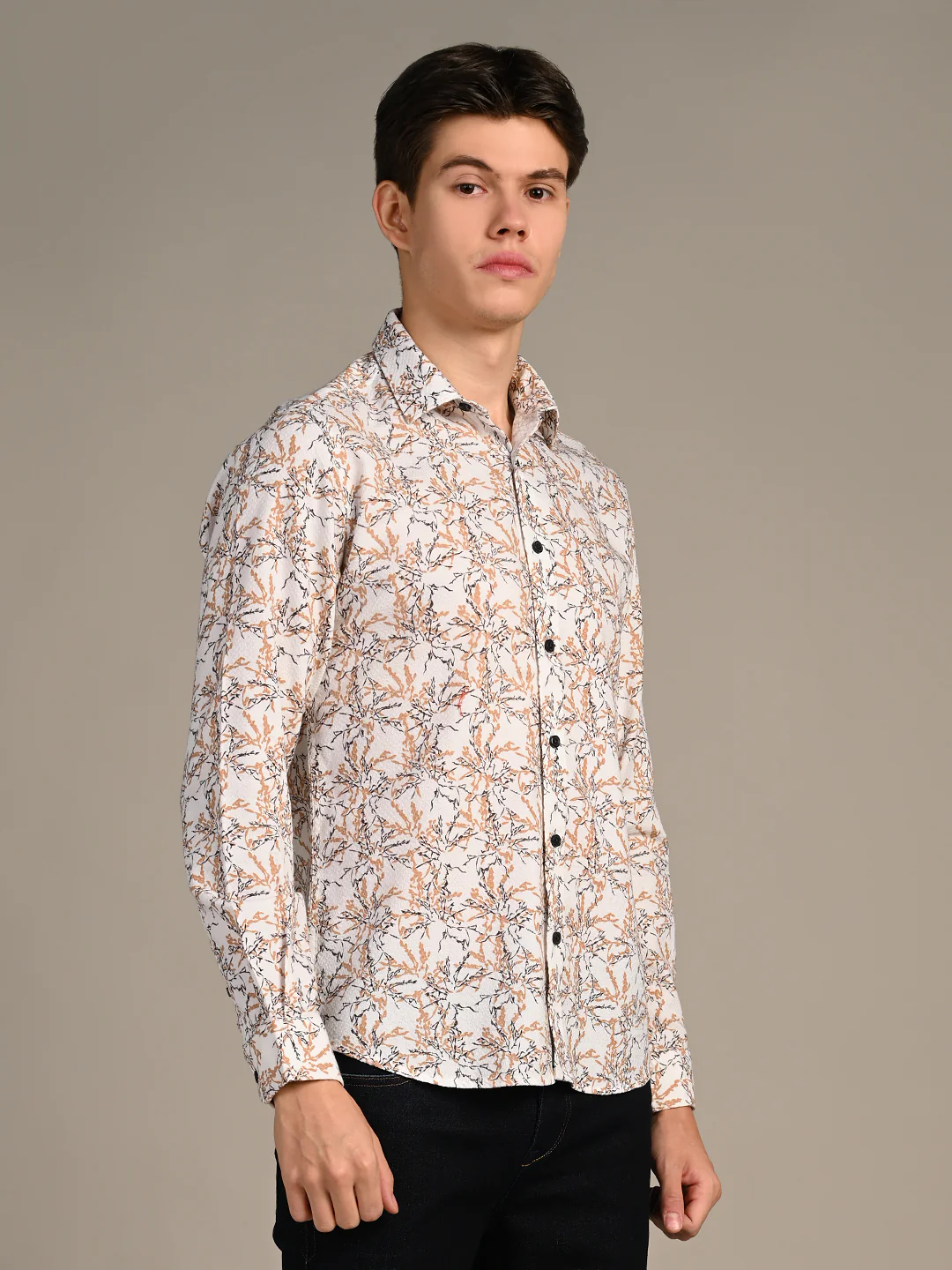 Full Sleeves Slim Fit Brown All-Over Branch Pattern Dobby Structure Print Shirt - Image 5