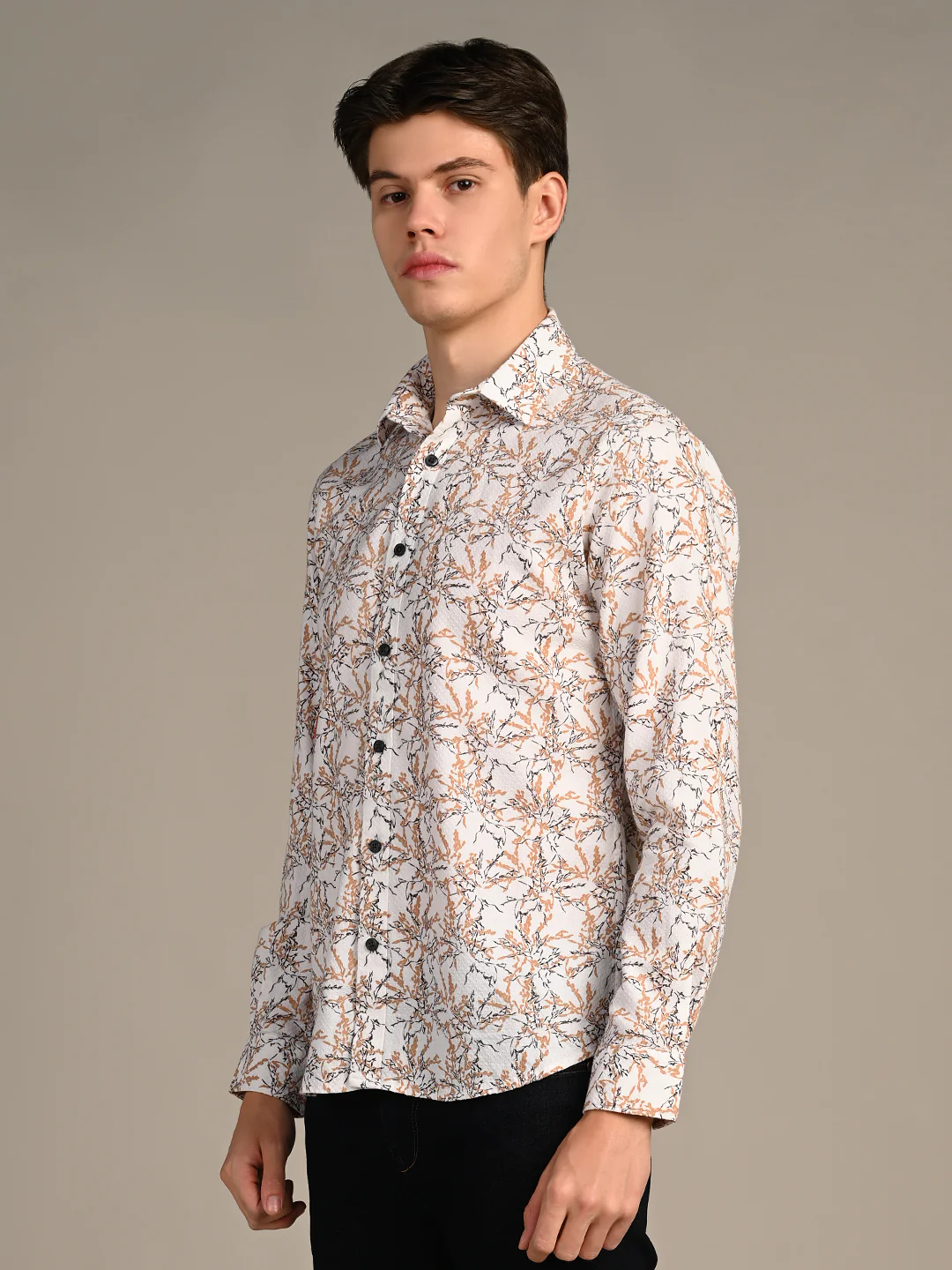 Full Sleeves Slim Fit Brown All-Over Branch Pattern Dobby Structure Print Shirt - Image 6