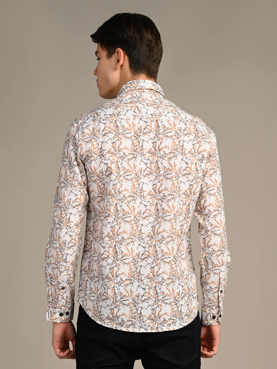 Full Sleeves Slim Fit Brown All-Over Branch Pattern Dobby Structure Print Shirt - Image 7