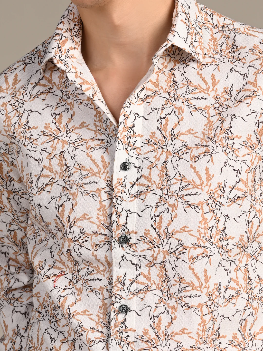 Full Sleeves Slim Fit Brown All-Over Branch Pattern Dobby Structure Print Shirt - Image 8