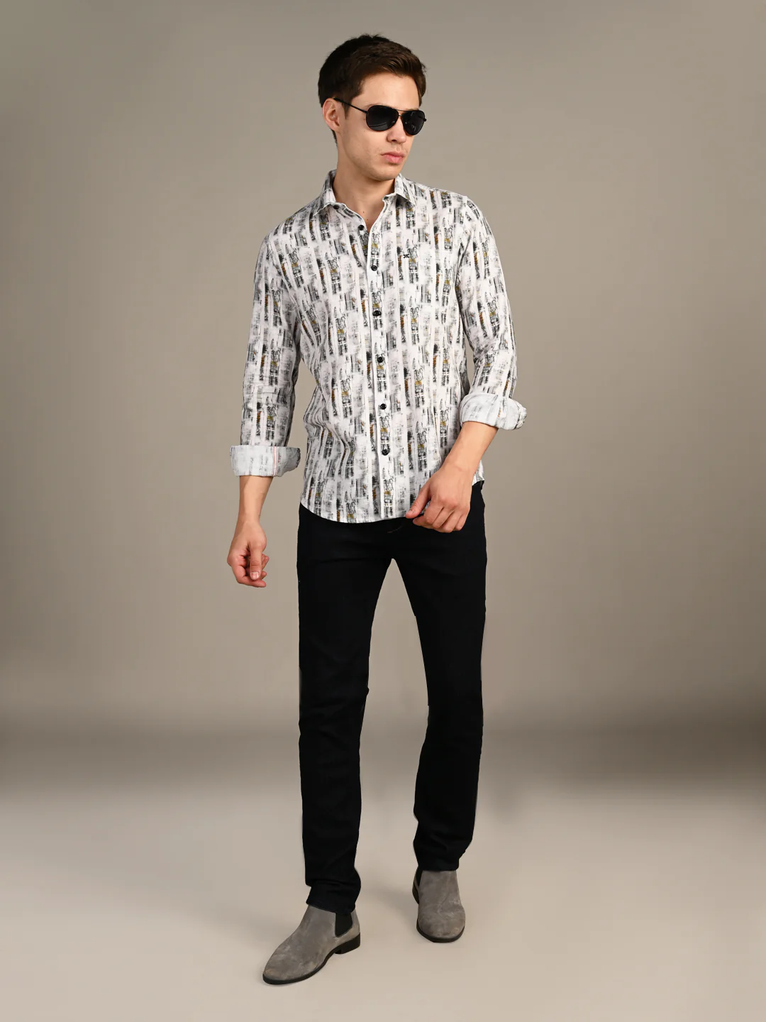 Full Sleeves Slim Fit White Abstract Textured Stripe Print Shirt - Image 3