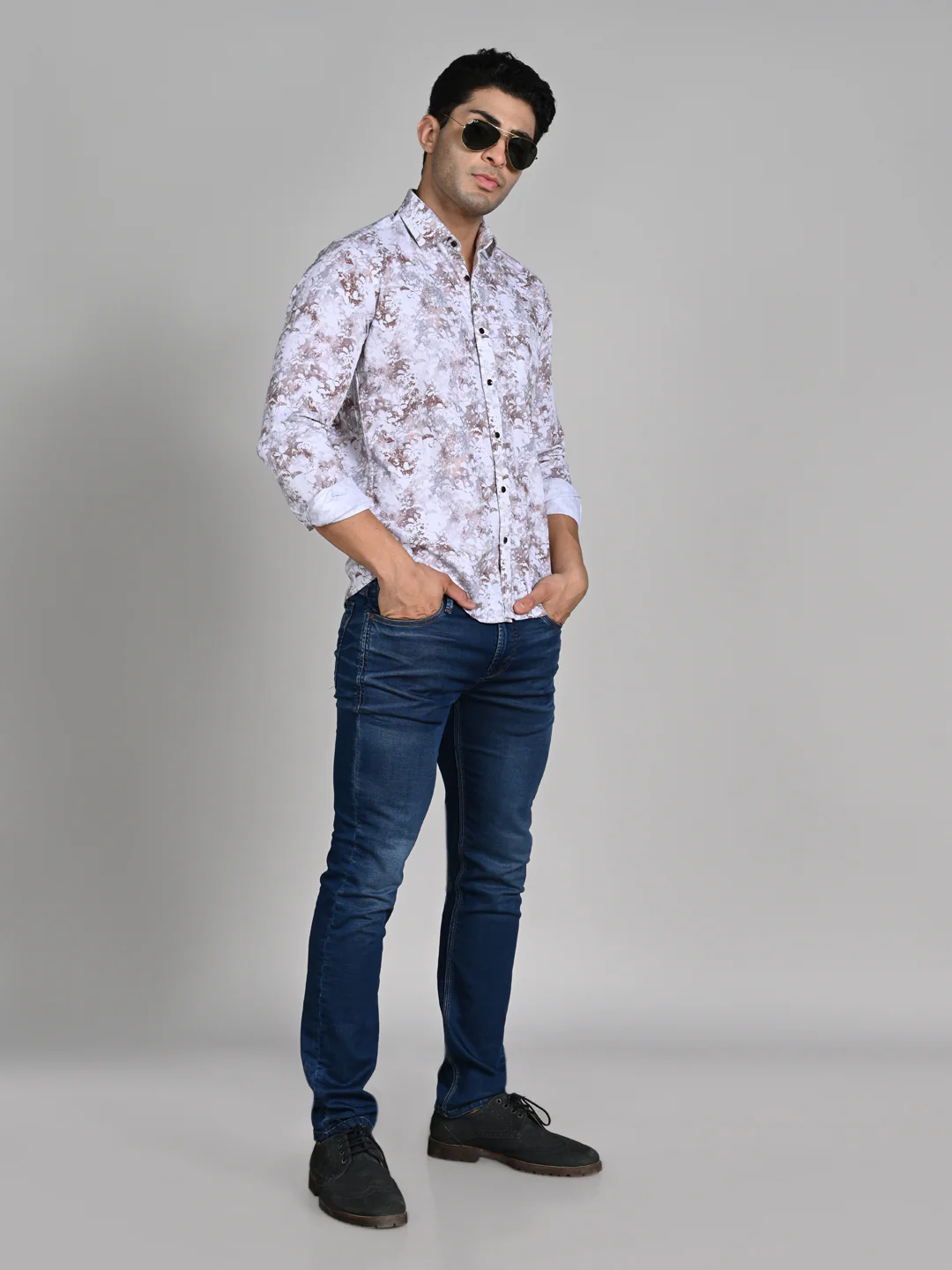 Full Sleeves Slim Fit Brown All-Over Grunge Floral Print Shirt - Image 3