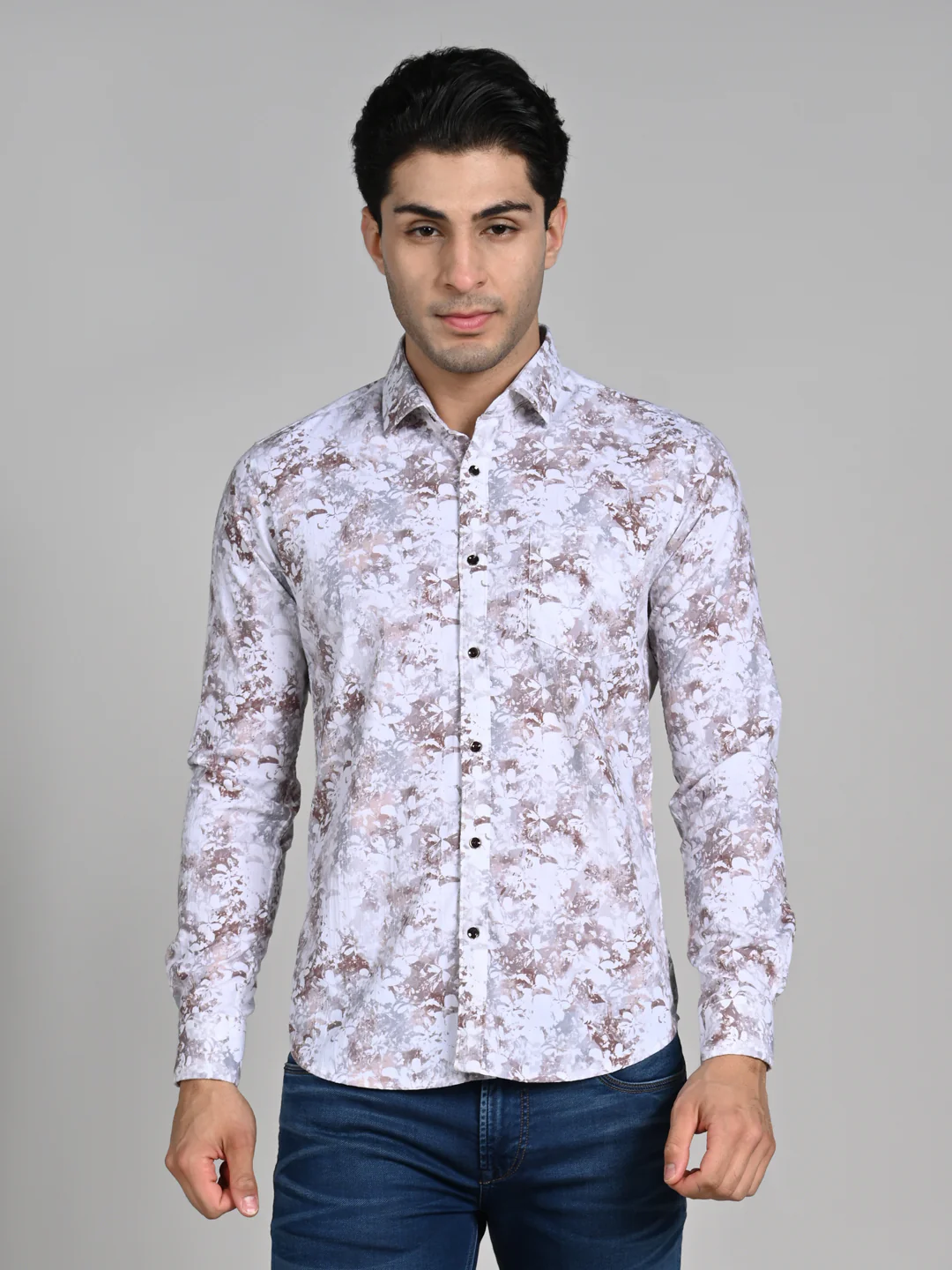 Full Sleeves Slim Fit Brown All-Over Grunge Floral Print Shirt - Image 4