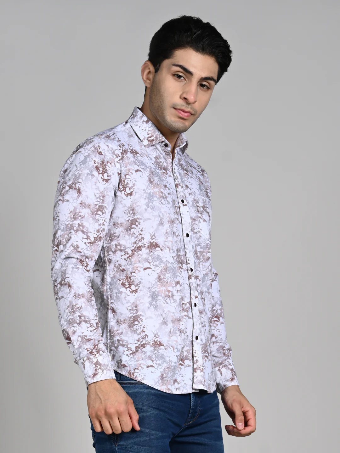 Full Sleeves Slim Fit Brown All-Over Grunge Floral Print Shirt - Image 5
