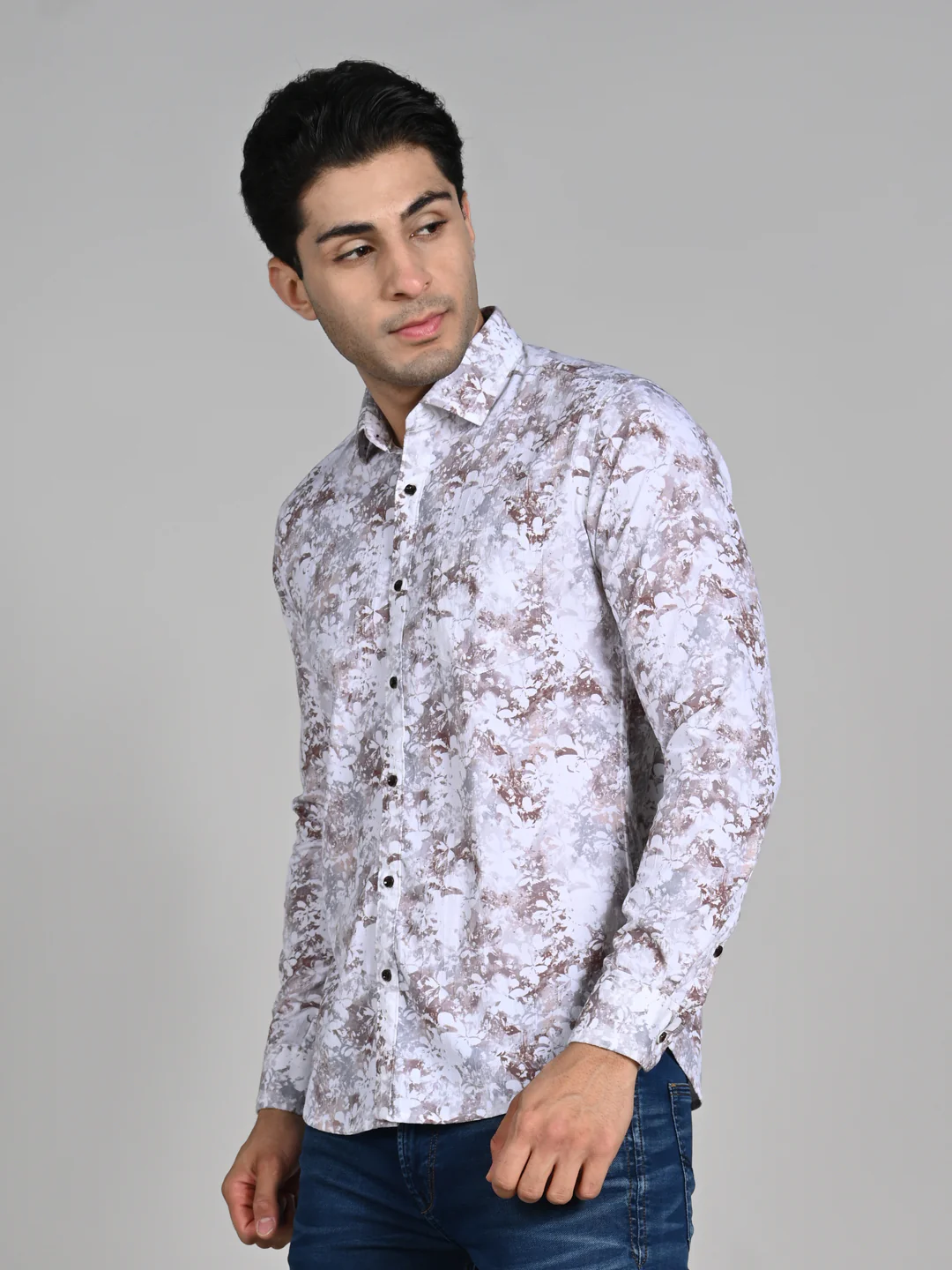 Full Sleeves Slim Fit Brown All-Over Grunge Floral Print Shirt - Image 6
