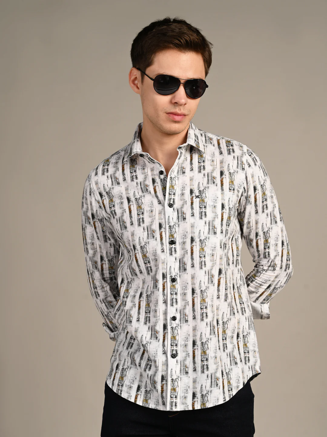 Full Sleeves Slim Fit White Abstract Textured Stripe Print Shirt - Image 4