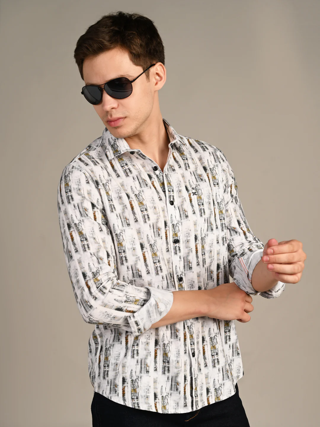 Full Sleeves Slim Fit White Abstract Textured Stripe Print Shirt - Image 5