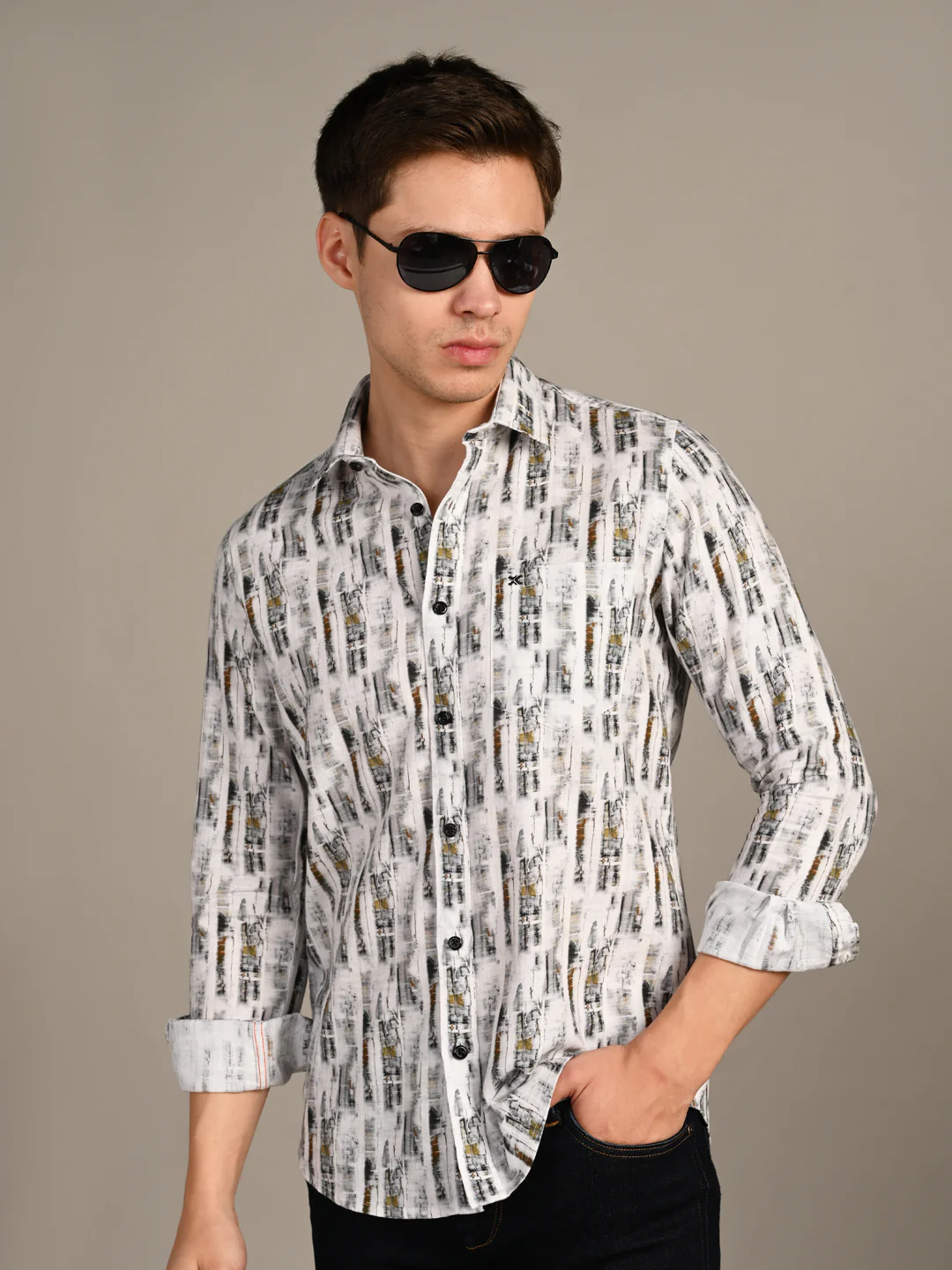 Full Sleeves Slim Fit White Abstract Textured Stripe Print Shirt - Image 6