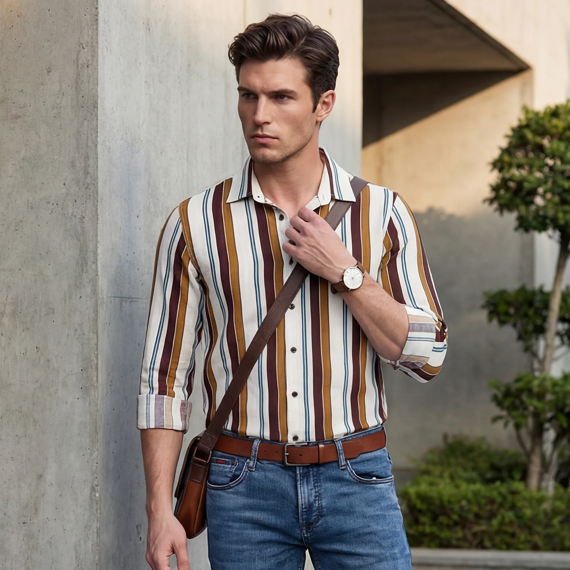 Full sleeves Slim Fit Brown Dobby Structure Striper Print Shirt - Image 2