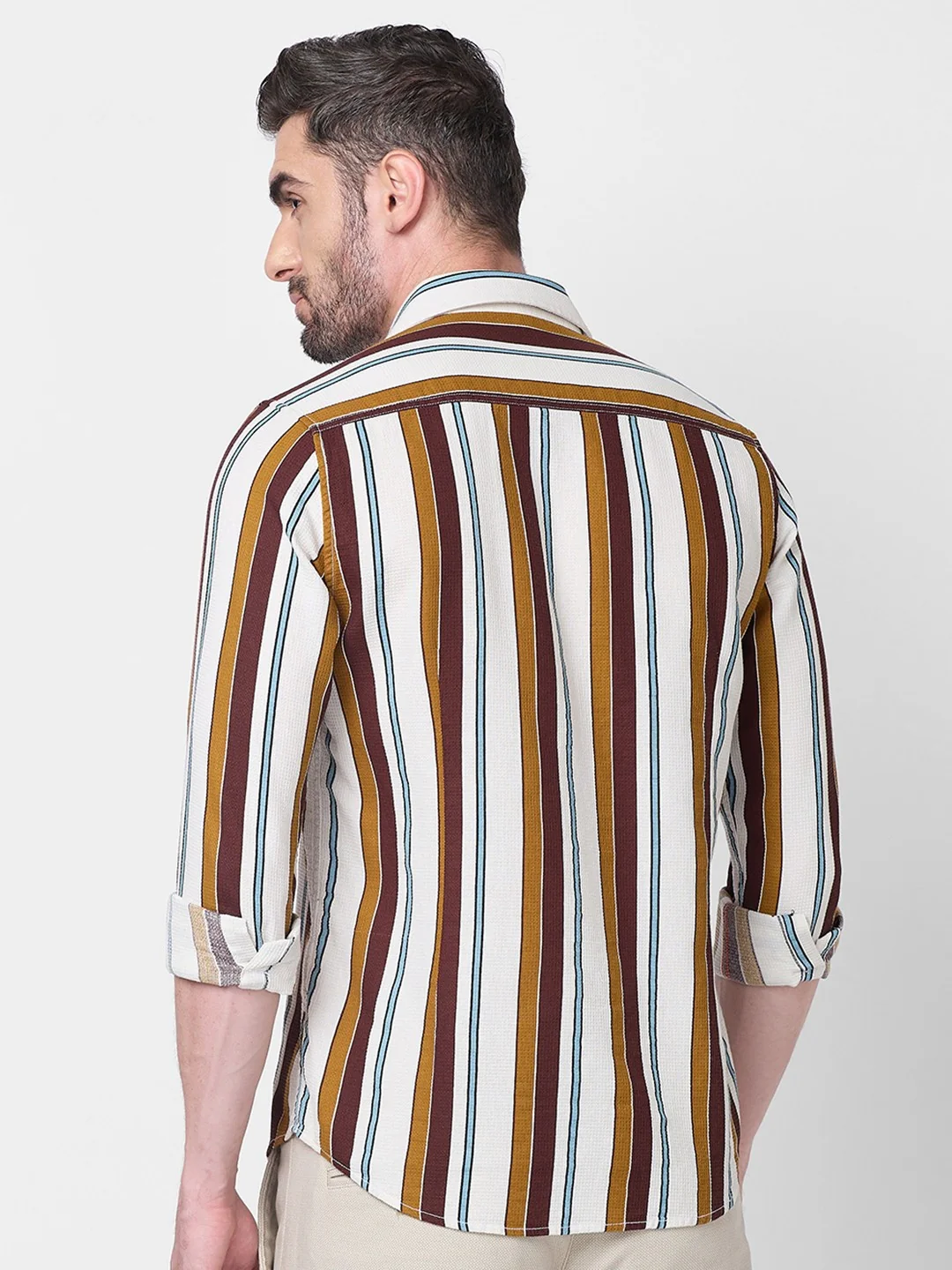Full sleeves Slim Fit Brown Dobby Structure Striper Print Shirt - Image 5