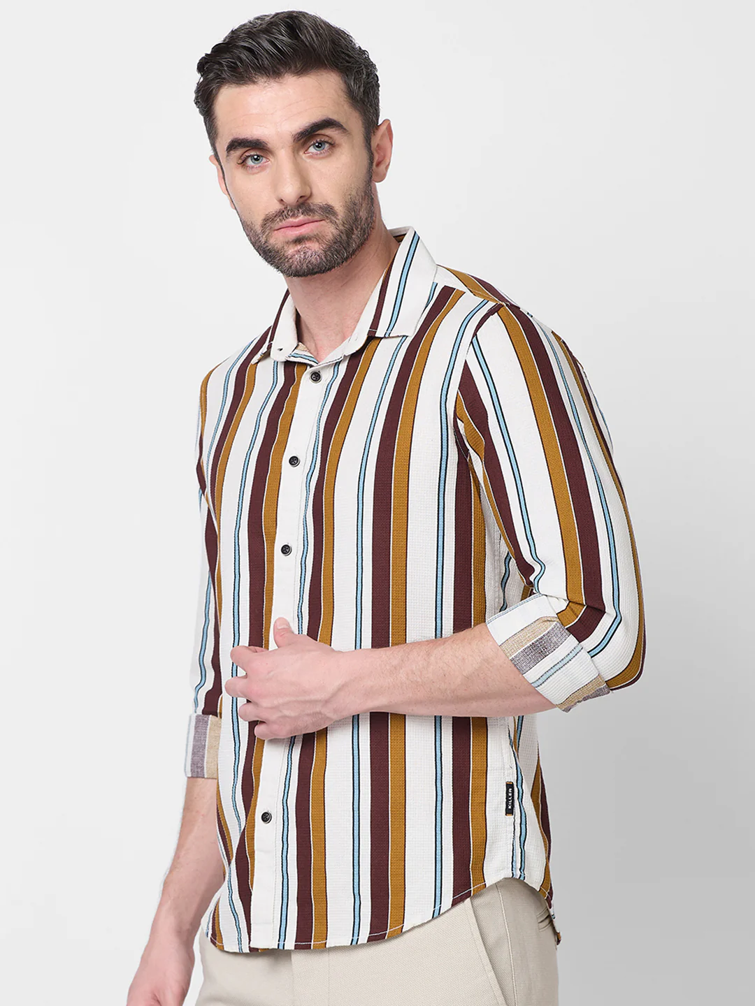 Full sleeves Slim Fit Brown Dobby Structure Striper Print Shirt - Image 6