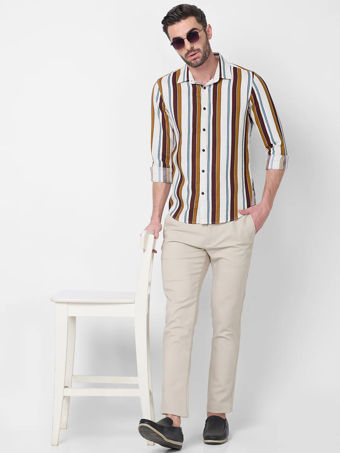 Full sleeves Slim Fit Brown Dobby Structure Striper Print Shirt - Image 8