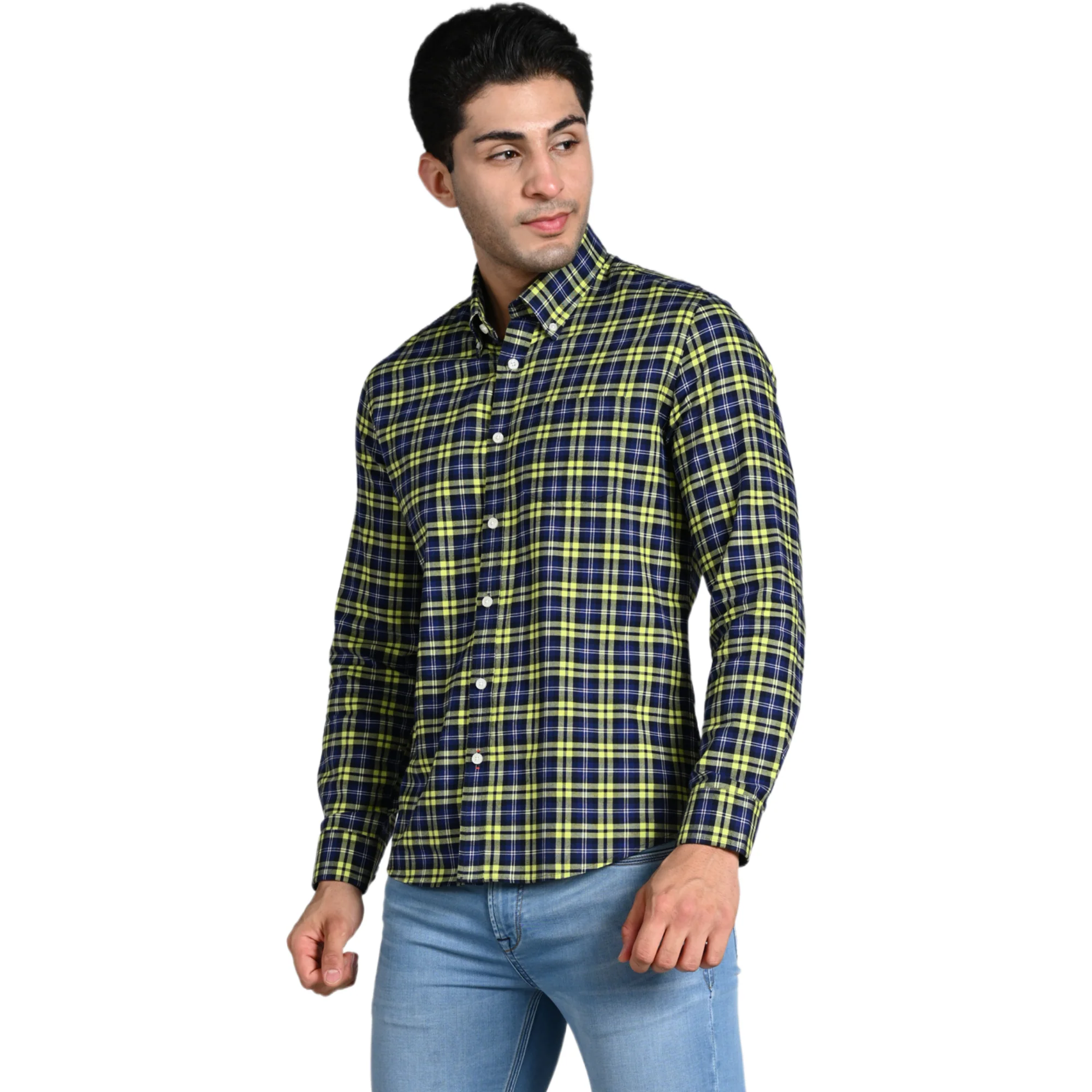 Full Sleeves Slim Fit Neon Green Button-Down Oxford Checks Shirt - Image 3